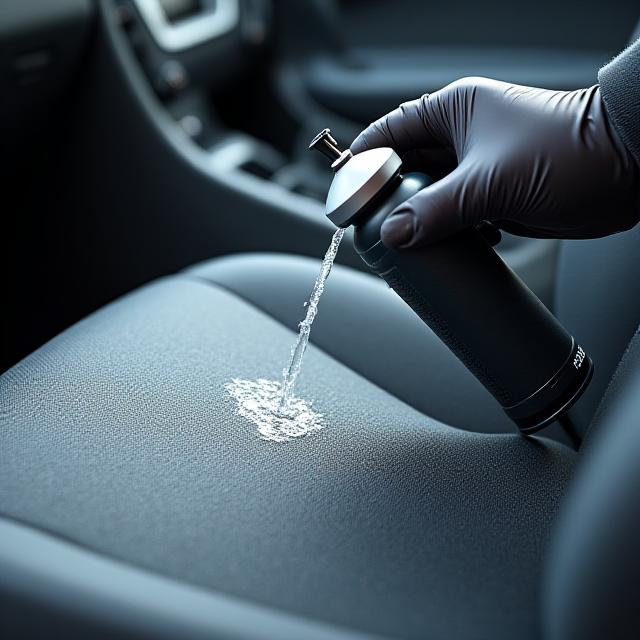 Nano-silica protective coating being applied to vehicle upholstery for stain resistance